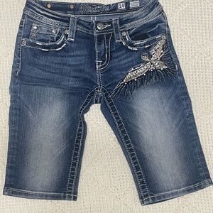 Miss Me Blue Denim Shorts with Bird Design